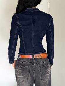 Jeanoix Y2K Women's Outdoor All-Season Napoleon Style Fashion Versatile Stand Collar Button Decor Blue Denim Jacket - Dark Wash - View 2