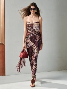 MOTF PREMIUM WOMEN'S KANGAROO PATTERN ELEGANT SATIN SPAGHETTI STRAP DRAPED DRESS - Burgundy - View 4