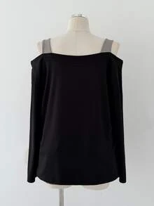 Sunspun Plus Size Women Skull Print Cold Shoulder Long Sleeve Casual Fashion T-Shirt - Black - View 2