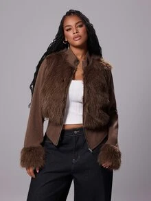 Rustia Plus Size Women's Solid Color Casual Versatile Daily Long Sleeve Jacket - Brown - View 1