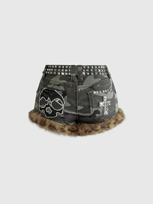ROMWE Grunge Punk Vintage Hot Girl Rhinestone Camo Washed Y2K Cross Studs Decor Women's Ultra Low Waist Mini Denim Shorts - Multicolor - View 2