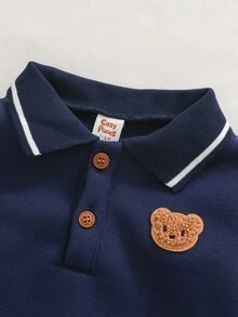 Cozy Pixies 嬰兒新生兒熊圖案對比色 Polo 領長袖運動衫與長褲套裝，秋季與冬季款 - 藏蓝色 - 查看 3