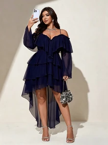 Viva Relle Plus Size Women's Solid Color Cold Shoulder Multi-Layer Ruffle Hem Fashion Sexy High-Low Dress Fall - Navy Blue - View 2