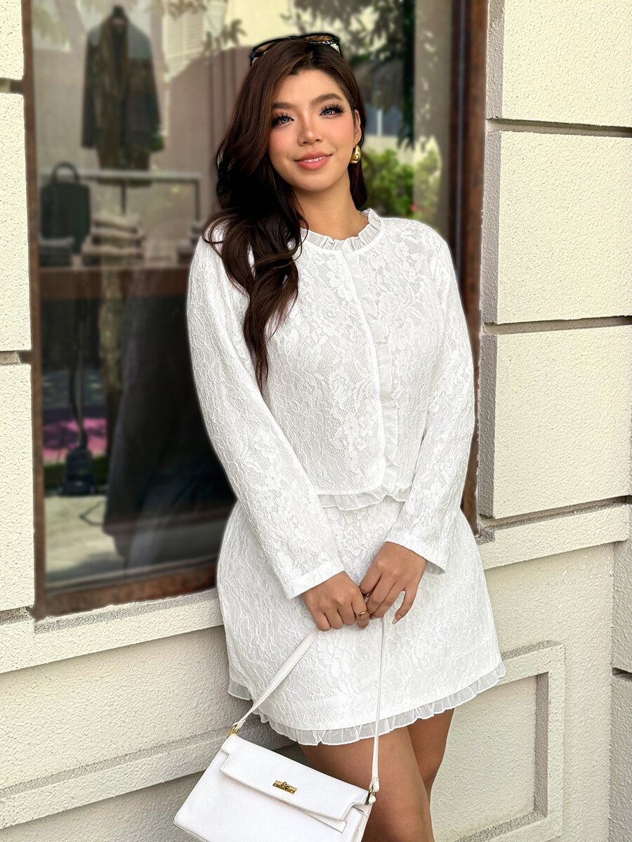 Easura Plus Size Women's Long Sleeve Top And Skirt Casual 2 Pieces Set - White - View 1