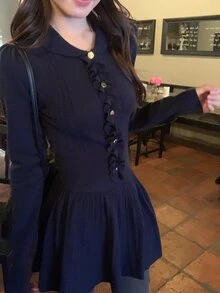 DAZY Women's Solid Color Lapel Collar Elegant Knit Sweater 2 Pieces Set - Navy Blue - View 3