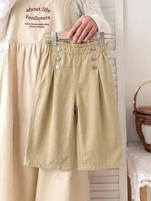 LMoss Kids Baby Girl Ruffle Waist Button Design Casual Denim Loose Long Pants - Khaki - View 7