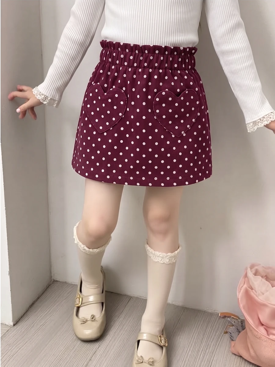 SHEIN 女童百搭波點愛心口袋裙 - 酒紅色 - 查看 1