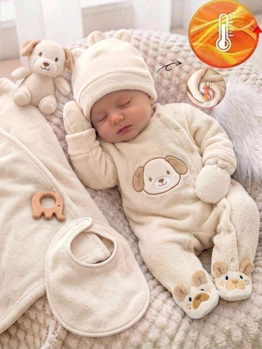 SHEIN 新生兒毛絨開襟連腳睡衣，對比色貼布小狗刺繡，柔軟厚實抓絨居家服，適合冬季 - 杏色 - 查看 1