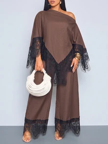 SOLERSUN Plus Size Women's Lace Patchwork Asymmetric Shoulder Top And Pants Casual Elegant Daily 2 Pieces Set Fall Brunch Party Brown - Coffee Brown - View 5