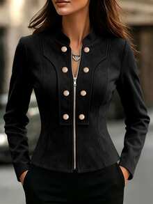 Elafinee Women's Long Sleeve Zipper Front Waist-Cinching Jacket With Metal Button Decoration - Black - View 3