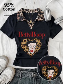 Attitoon Betty Boop x SHEIN 女款聯名印花圖案T恤，適合外出、街頭風、機場穿搭、時尚、返校、Y2K、派對、海灘度假、假期 - 彩色 - 查看 1