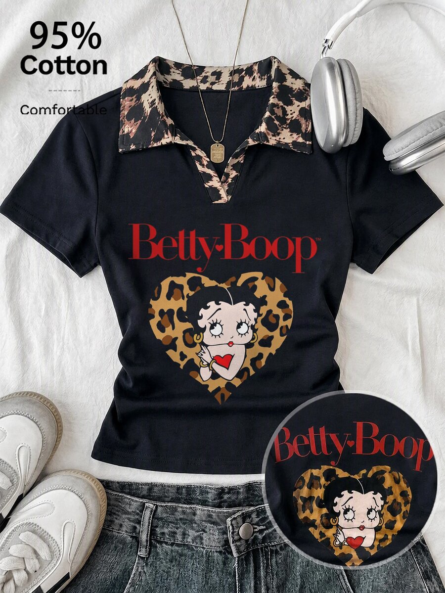 Attitoon Betty Boop x SHEIN 女款聯名印花圖案T恤,適合外出、街頭風、機場穿搭、時尚、返校、Y2K、派對、海灘度假、假期 - 彩色 - 查看 1
