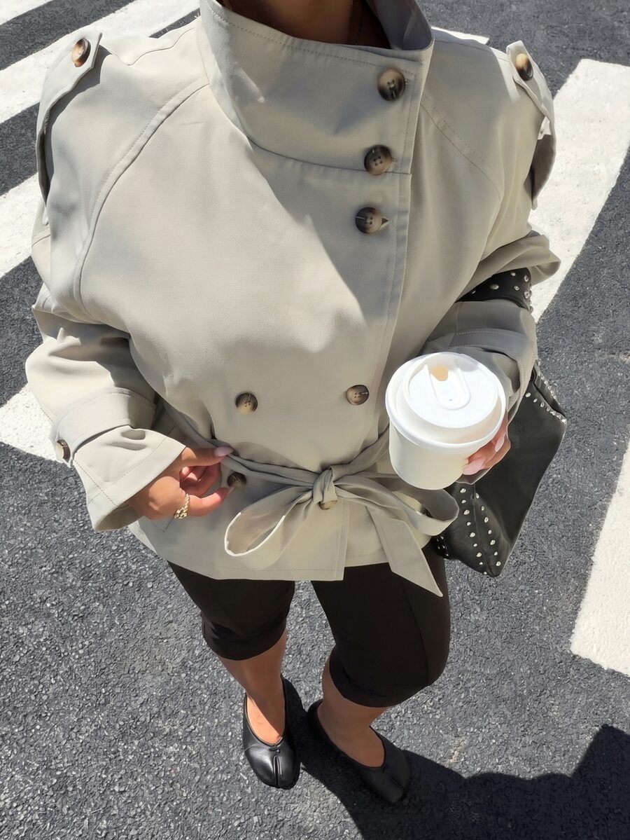 Muchica Plus Size Women Solid Color Waist Tie Casual Versatile Trench Coat Jacket - Khaki - View 1