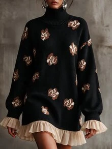 Omancia Elegant High Neck Ruffle Design Long Sleeve Women's Sweater - Black - View 3