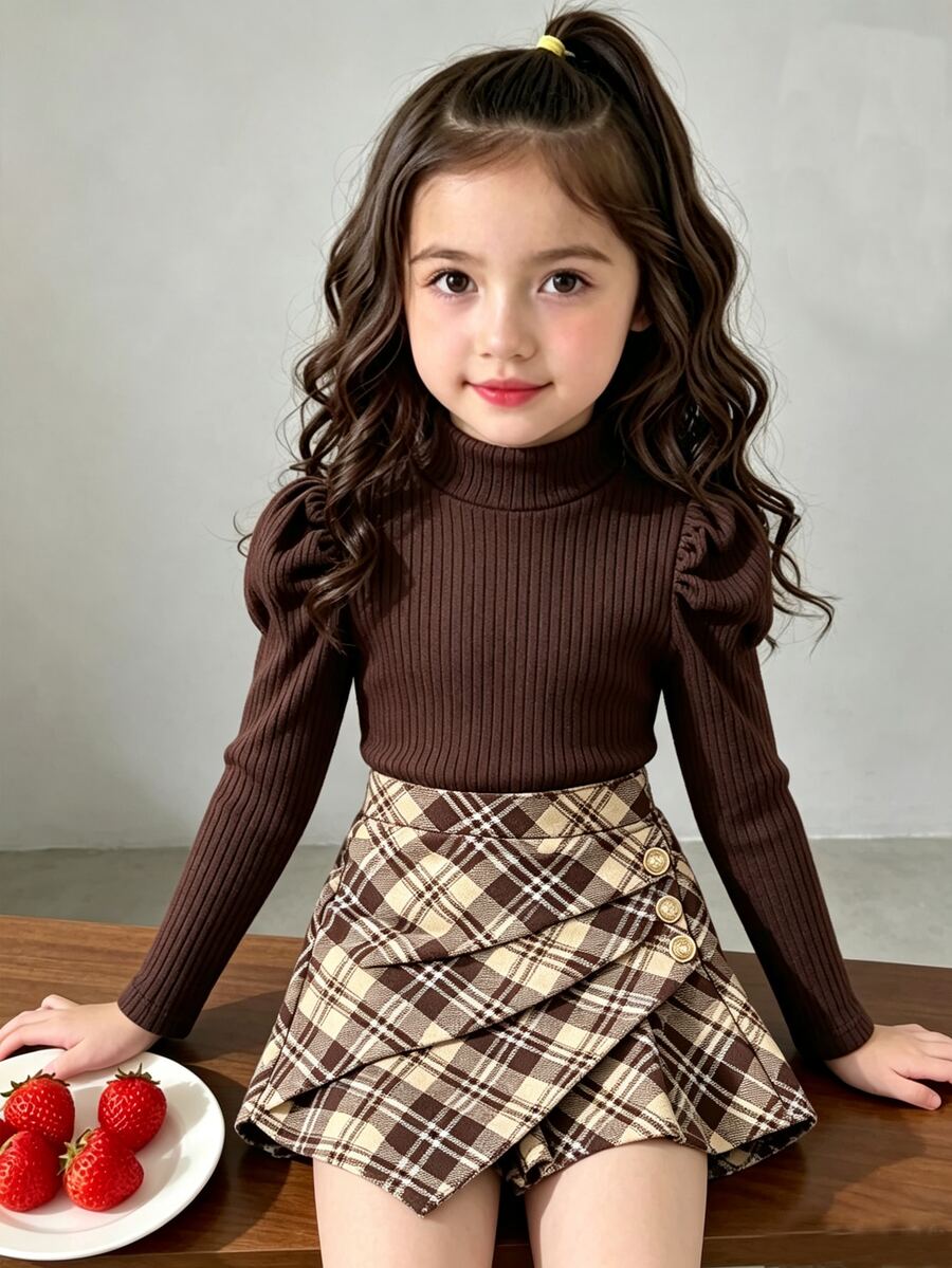 Elladie kids Young Girl Black Knit Long Sleeve + Plaid Asymmetrical Skort (Includes Hat) Set Suitable For Late Autumn, Early Winter, Early Spring - Brown - View 1