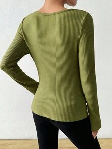 SHEIN 復古不對稱垂領磨毛紋理抓褶修身長袖T恤 - 棕色 - 查看 2