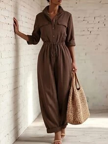 Trelyra Women's Brown Vintage Jumpsuit With Waist Cinched Design, Suitable For Outings, Commuting, Holidays, Autumn Wear - Brown - View 4
