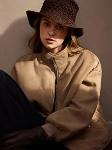 Nima Coro Women's Solid Color Drop Shoulder Long Sleeve Zipper Front Casual Jacket - Khaki - View 9