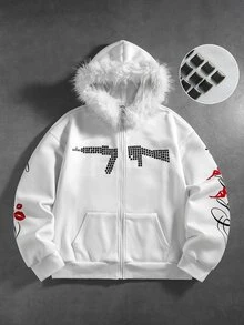 ROMWE MEN Street Life 男士槍鉚釘毛領寬鬆拉鍊門襟連帽衛衣 - 白色 - 查看 1