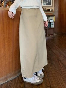 DAZY Women's Washed Slim Straight Denim Skirt - Khaki - View 5