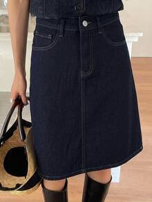 DAZY Women's Regular Mid-Waist A-Line 5-Point Denim Skirt, Casual Elegant Skirt - Dark Wash - View 5