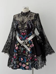 Sunspun Plus Size Floral Lace Long Sleeve Vintage Print Sheer A-Line Dress - Black - View 3
