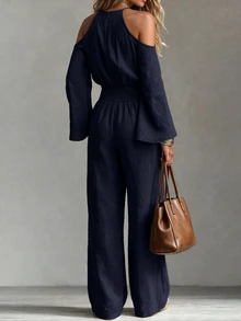 Omancia Women's Solid Color Ruched Cold Shoulder Casual Daily Wear Jumpsuit Fall/Winter - Navy Blue - View 2