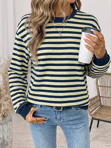 SHEIN LUNE Women's Striped Color-Block Sweatshirt,Fall Clothes For Women,Winter Clothes, Homecoming,Y2K,Casual - White - View 7
