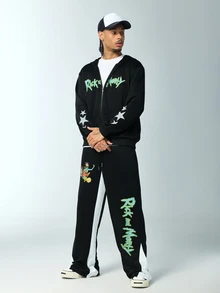 Rick and Morty X SHEIN Men's Letter Pattern Zip-Up Hoodie And Sweatpants Casual Daily Set - Black - View 6