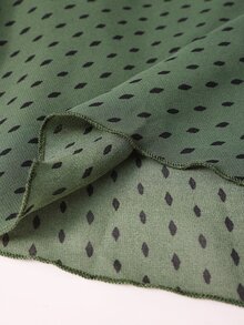 Linhara Plus Size Women's Army Green Printed Chiffon Round Neck Long Sleeve Ruched Rhinestone Button Decor Asymmetrical Hem Top And Long Wide Leg Pants 2 Pieces Set, Suitable For Daily Commute, Date, Vacation, Light Luxury Loose Drape Comfortable Plus Size Women's Clothing - Army Green - View 6
