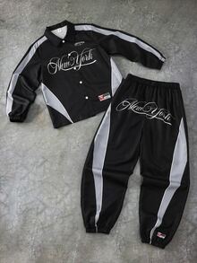 SHEIN 兒童青少年男孩休閒時尚酷炫賽車運動風拼色字母印花長袖連帽舒適外套與長褲兩件套，適合秋冬穿著 - 黑色 - 查看 3