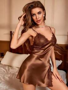 SilkySpell Women's Solid Color Contrast Lace Side Slit Hem Sexy Cami Nightgown - Coffee Brown - View 5