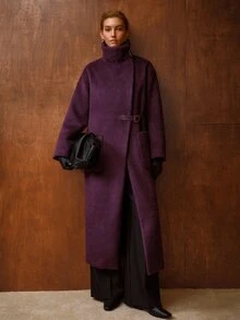 MOTF PREMIUM WOMEN'S AUTUMN/WINTER WOOL BLEND FUNNEL NECK MID-LENGTH OVERCOAT - Purple - View 1