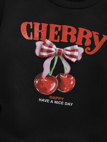 SHEIN 女童休閒時尚櫻桃印花蝴蝶結裝飾拼接格紋保暖內裡洋裝 - 黑色 - 查看 6
