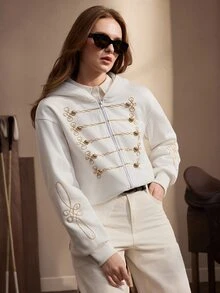 Nima Coro Women's Zip-Up Hooded Sweatshirt With Napoleon Collar And Embroidered Design - White - View 9