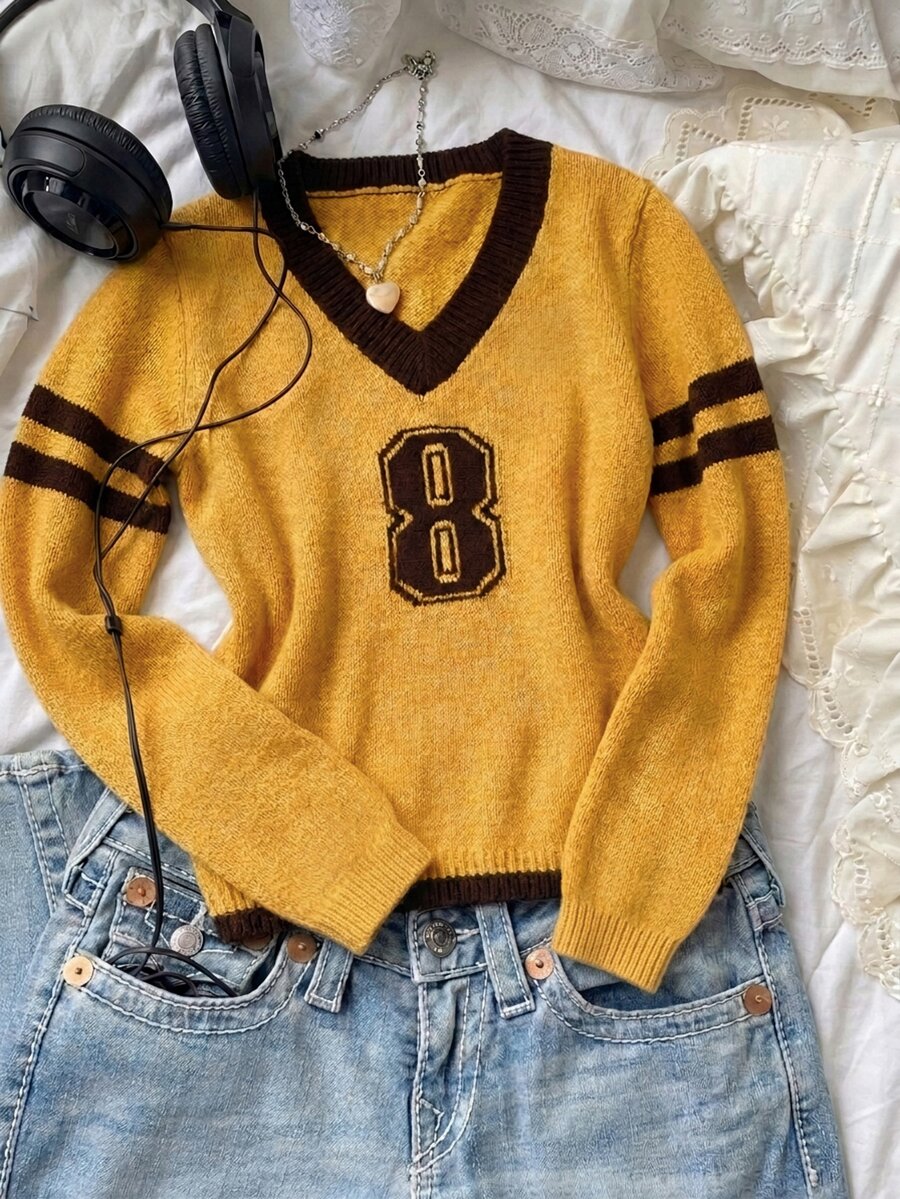 Noixe Yellow V-Neck Vintage American Collegiate Style Fitted Long Sleeve Top - Yellow - View 1