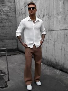 Manfinity CasualCool 男士白色長袖襯衫，適合萬聖節、聖誕節，新年最佳禮物 - 白色 - 查看 5