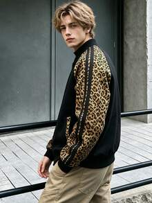 Manfinity Dauomo Men's Leopard Print Patchwork Casual Daily Long Sleeve Jacket - Black - View 1