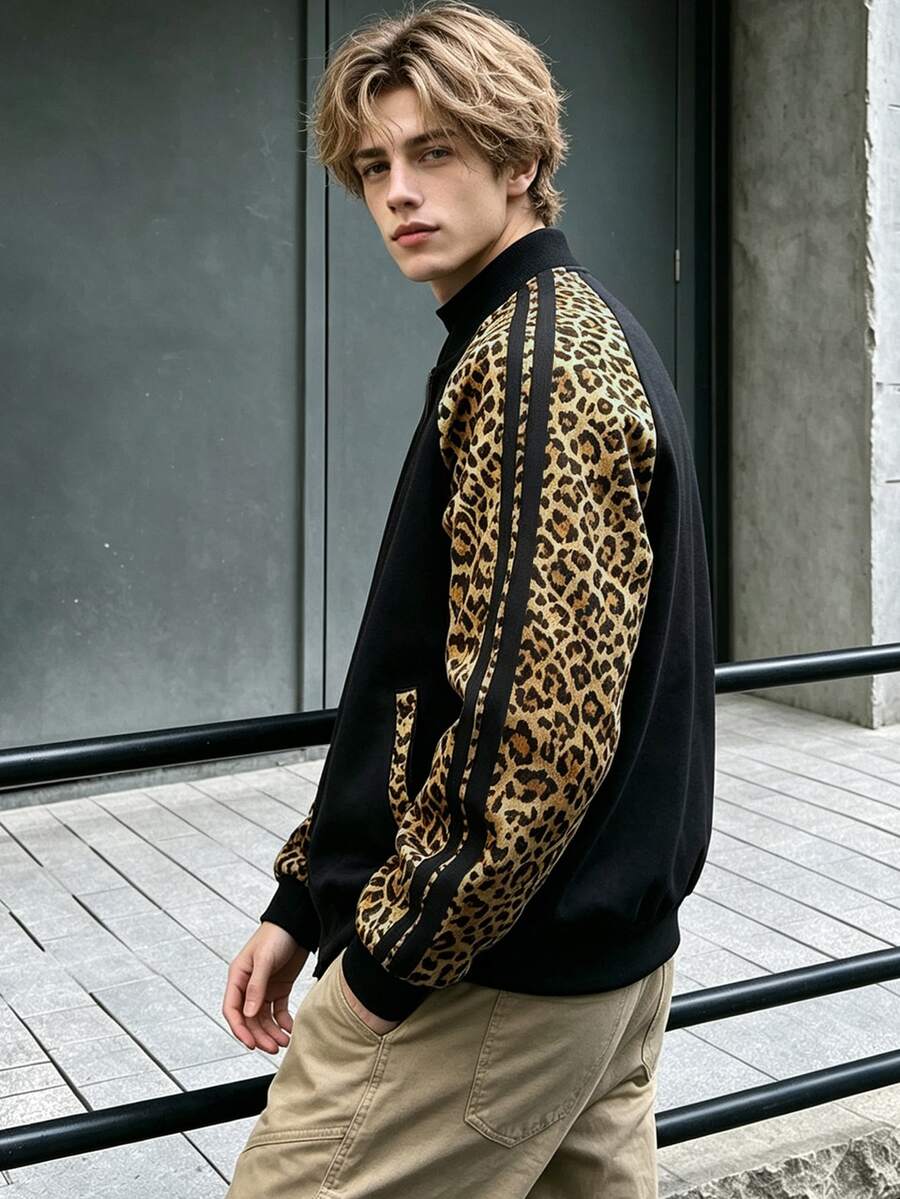 Manfinity Dauomo Men's Leopard Print Patchwork Casual Daily Long Sleeve Jacket - Black - View 1