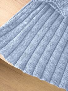 Souflis Young Girl Outfit Set Light Blue Knit Sweater Long Puff Sleeve Solid Top With Pleated Skirt - Blue - View 7
