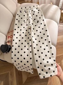 SHEIN 青少年女孩波點杏色寬鬆牛仔長褲 秋季 Y2K 時尚牛仔女郎風 哈洛威祭慶典穿搭 返校季 新年生日 白色 - 杏色 - 查看 5