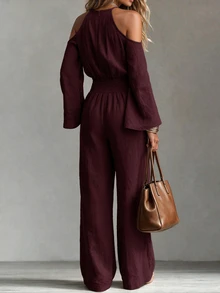 Omancia Jumpsuit Wanita Warna Polos dengan Detail Kerut dan Bahu Terbuka, Model Kasual untuk Pemakaian Sehari-hari di Musim Gugur/Dingin - Burgundy - View 2
