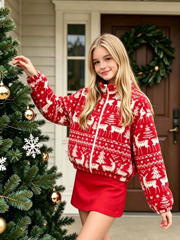 SHEIN Sparklyn 1pc Tween Girl Tween Girl' Stand Collar Zip-Up Fur-Trimmed Jacket With All-Over Floral Print, Casual Jacket Top For Autumn/Winter - Burgundy - View 1
