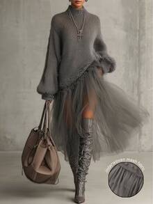 LUMIGAL Women's Grey Lace Design Elegant Casual Lazy Sweater For Winter - Grey - View 1
