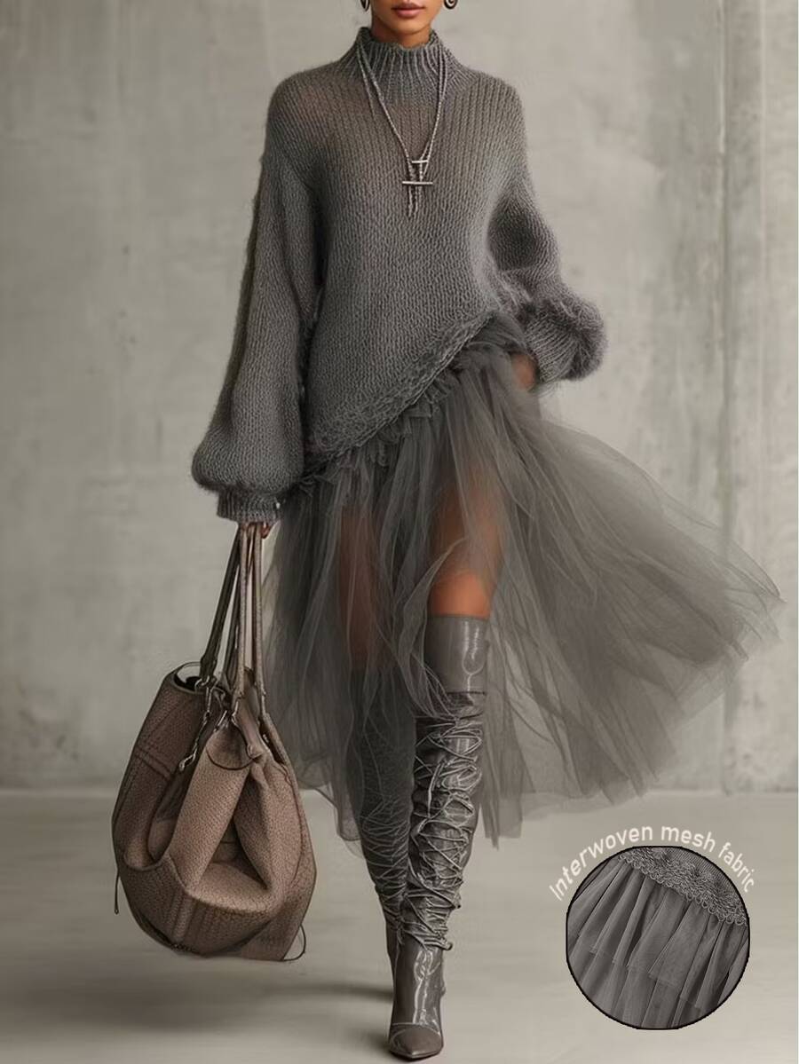 LUMIGAL Women's Grey Lace Design Elegant Casual Lazy Sweater For Winter - Grey - View 1