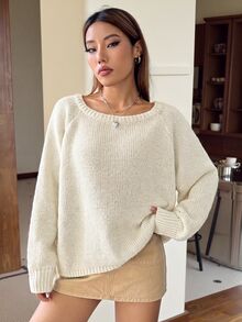 SHEIN EZwear 女款純色圓領插肩袖長袖休閒毛衣 - 杏色 - 查看 4