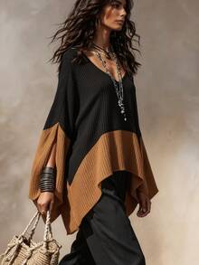 Franclia Áo thun nữ phong cách vintage casual boho gân phối màu, gấu không đối xứng, màu đen, cho mùa thu và đi du lịch - màu đen - Xem 4