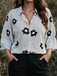 Linhara CURVE Plus Size Women's Autumn Casual Shirt With Lapel Collar, Raglan Sleeves, Striped Floral Print, For Daily Wear And Vacation - Black and White - View 3