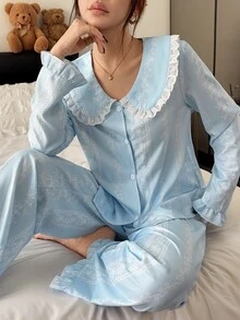Napfluff Women's Striped Floral Solid Color Fresh Print Long Sleeve & Long Pants Pajama Set, Special Collar Design, Lace Trim Decoration, Cute Style, Comfortable Home Wear, Suitable For All Seasons - Blue - View 2