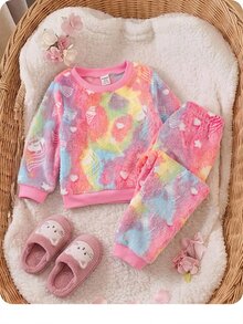 SHEIN 秋冬女嬰可愛毛茸茸彩色居家服套裝 - 粉色 - 查看 9